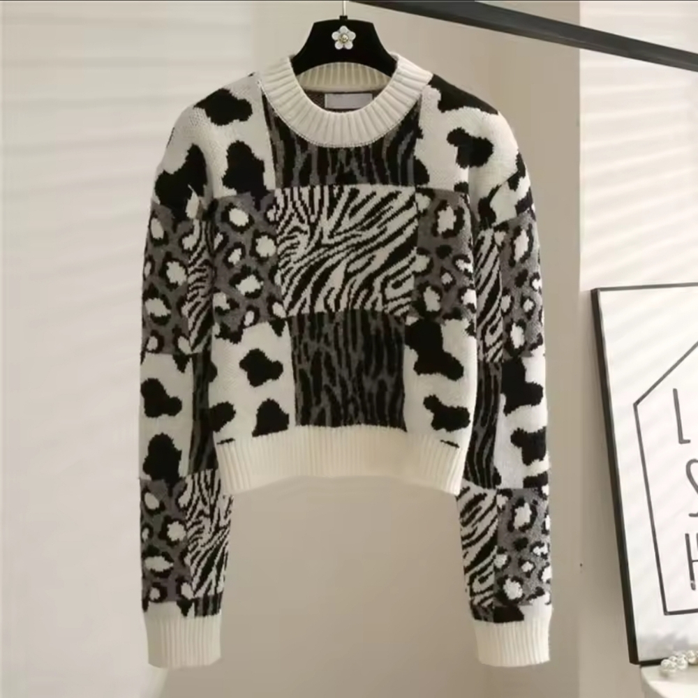 Pullovers Fashion Tops for Women Vintage Leopard Print Knit Sweaters - Picture 1 of 4